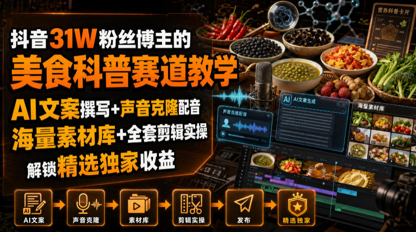 抖音31W粉丝博主的美食科普赛道教学，AI文案撰写+声音克隆配音+剪辑实操，解锁精选独家收益-保成圈-山云人力,分享创业咨询_最新网络项目资源