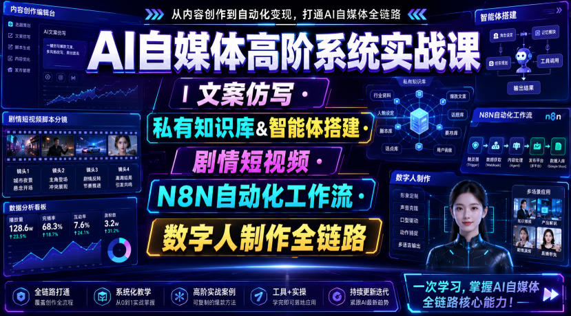AI自媒体高阶系统实战课｜文案仿写・私有知识库&智能体搭建・剧情短视频・N8N自动化工作流・数字人制作全链路-保成圈-山云人力,分享创业咨询_最新网络项目资源