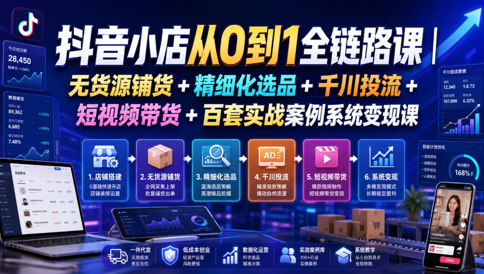 抖音小店从0到1全链路课｜无货源铺货+精细化选品+千川投流+短视频带货+百套实战案例系统变现课(2026年7月更新)-保成圈-山云人力,分享创业咨询_最新网络项目资源