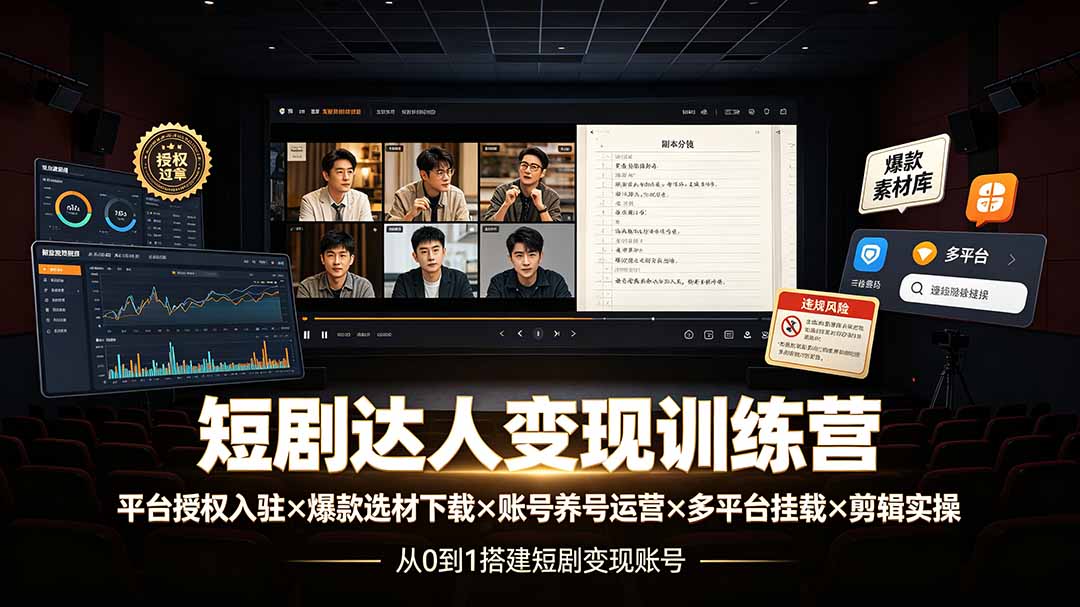 短剧达人变现训练营：平台授权入驻×爆款选材下载×账号养号运营×多平台挂载×剪辑实操×违规处理全流程-保成圈-山云人力,分享创业咨询_最新网络项目资源