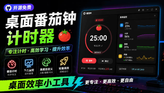 仅1.16MB，开源极简的桌面时钟、番茄钟计时器，还支持系统监控显示，桌面效率小工具Catime-保成圈-山云人力,分享创业咨询_最新网络项目资源