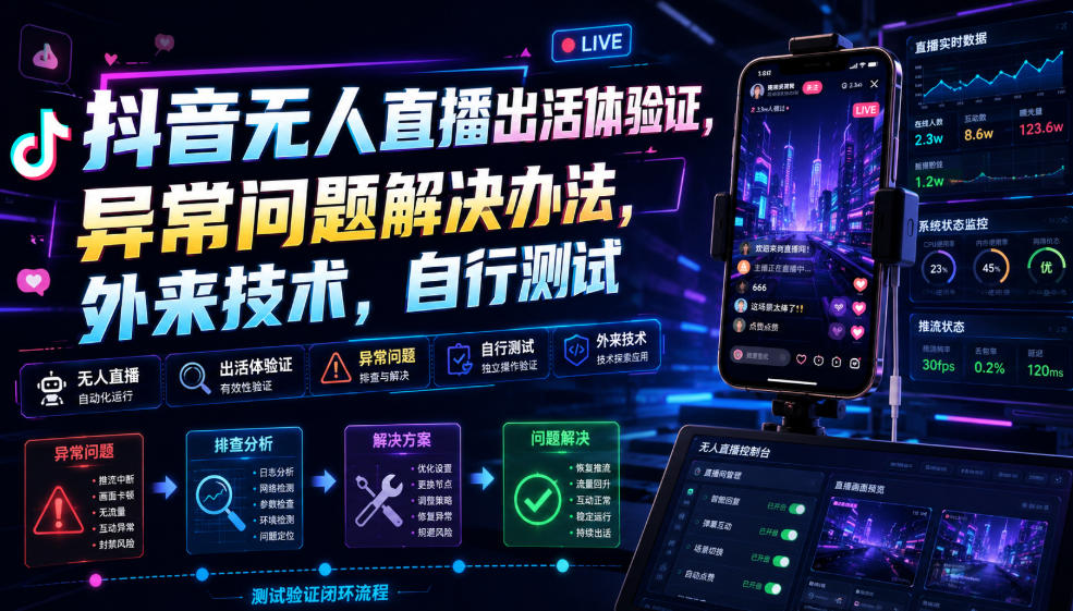 抖音无人直播出活体验证，异常问题解决办法，外来技术，自行测试-保成圈-山云人力,分享创业咨询_最新网络项目资源