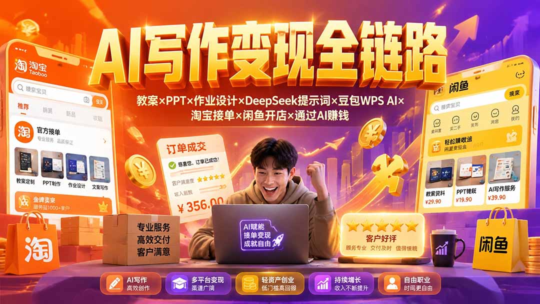 2026AI写作变现全链路：教案×PPT×作业设计×DeepSeek提示词×豆包WPS AI×淘宝接单×闲鱼开店×通过AI賺钱-保成圈-山云人力,分享创业咨询_最新网络项目资源