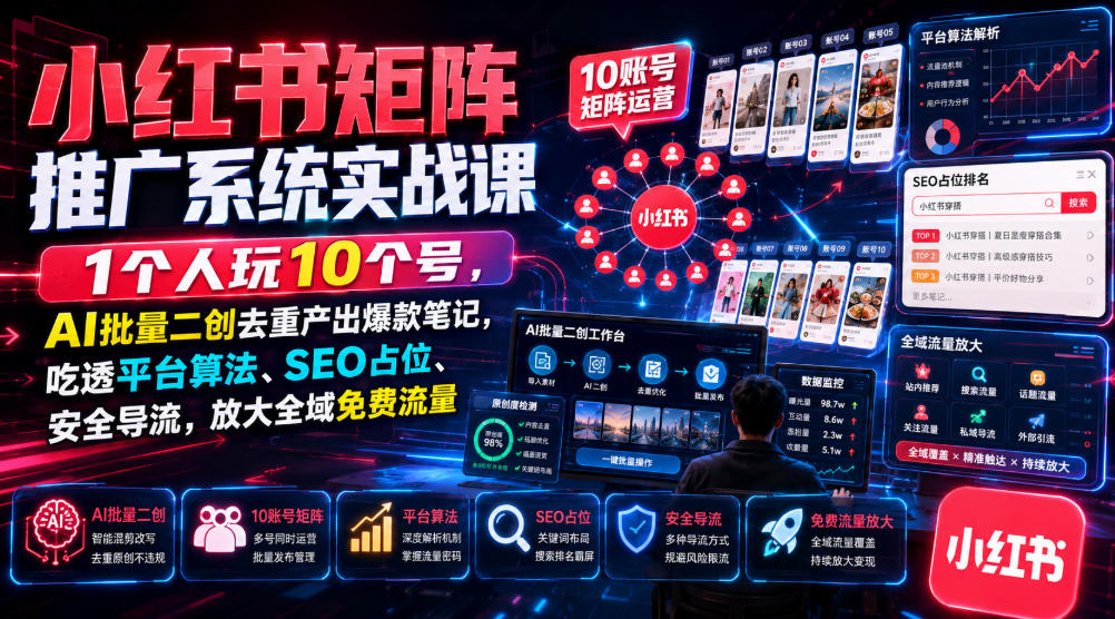小红书矩阵推广系统实战课｜1个人玩10个号，AI批量二创去重产出爆款笔记，吃透平台算法、SEO占位、安全导流，放大全域免费流量-保成圈-山云人力,分享创业咨询_最新网络项目资源
