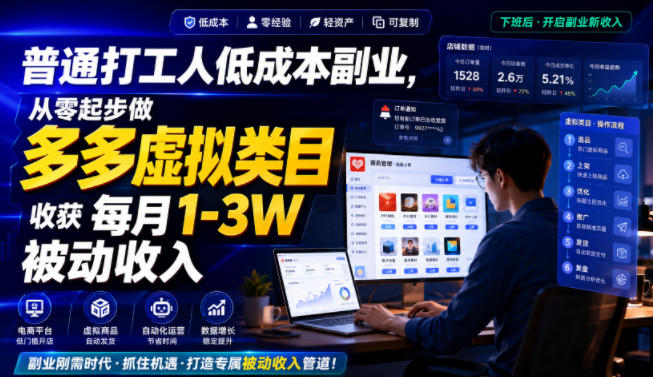 普通打工人低成本副业，从零起步做多多虚拟类目，收获每月1-3W被动收入【揭秘】-保成圈-山云人力,分享创业咨询_最新网络项目资源