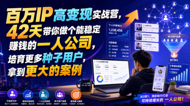 百万IP高变现实战营，42天带你做个能稳定賺钱的一人公司，培育更多种子用户，拿到更大的案例-保成圈-山云人力,分享创业咨询_最新网络项目资源