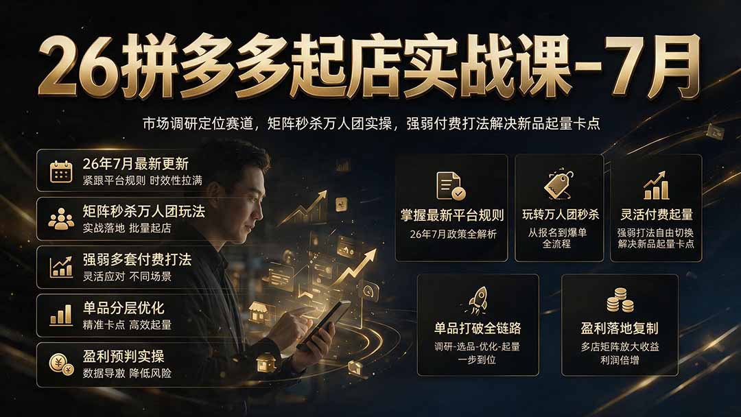26拼多多起店实战课-7月｜市场调研定位赛道，矩阵秒杀万人团实操，强弱付费打法解决新品起量卡点-保成圈-山云人力,分享创业咨询_最新网络项目资源