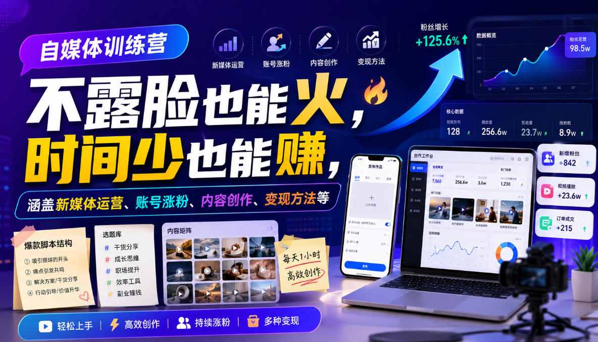 自媒体训练营，不露脸也能火，时间少也能賺，涵盖新媒体运营、账号涨粉、内容创作、变现方法等-保成圈-山云人力,分享创业咨询_最新网络项目资源