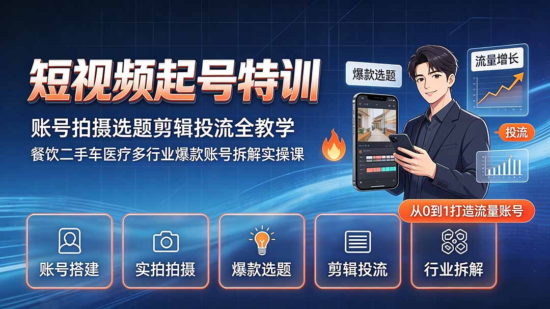 短视频起号特训｜账号拍摄选题剪辑投流全教学，餐饮二手车医疗多行业爆款账号拆解实操课-保成圈-山云人力,分享创业咨询_最新网络项目资源