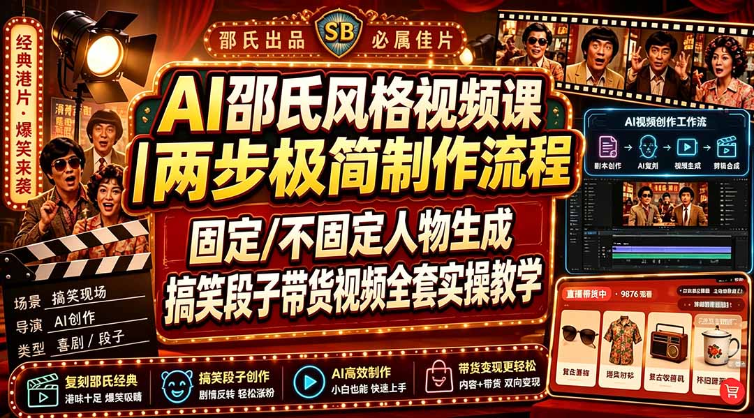 AI邵氏风格视频课｜两步极简制作流程，固定/不固定人物生成，搞笑段子带货视频全套实操教学-保成圈-山云人力,分享创业咨询_最新网络项目资源