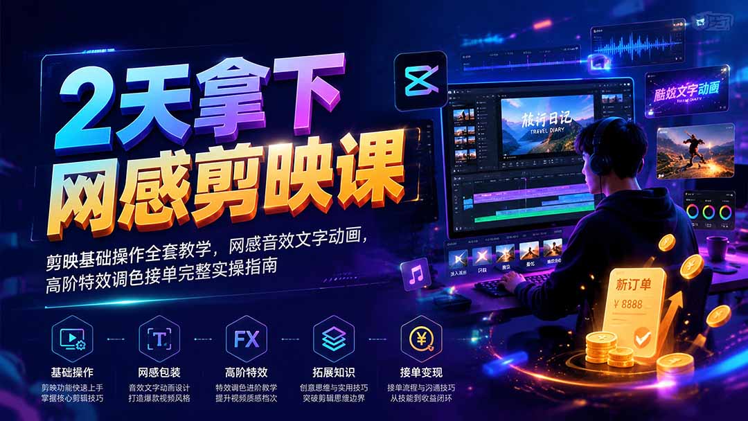 2天拿下网感剪辑课｜剪映基础操作全套教学，网感音效文字动画，高阶特效调色接单完整实操指南-保成圈-山云人力,分享创业咨询_最新网络项目资源