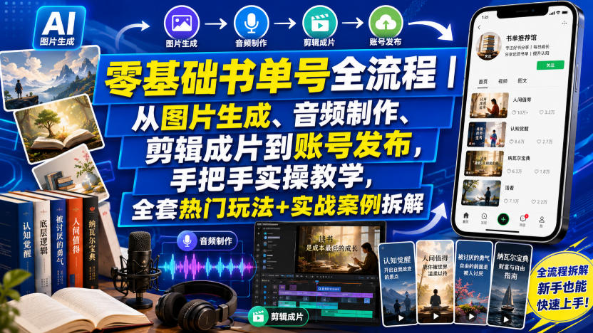 零基础书单号全流程｜从图片生成、音频制作、剪辑成片到账号发布，手把手实操教学，全套热门玩法+实战案例拆解-保成圈-山云人力,分享创业咨询_最新网络项目资源