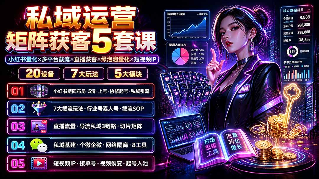 私域运营矩阵获客5套课：小红书量化×多平台截流×直播获客×绿泡泡量化×短视频IP×20设备×7大玩法-保成圈-山云人力,分享创业咨询_最新网络项目资源