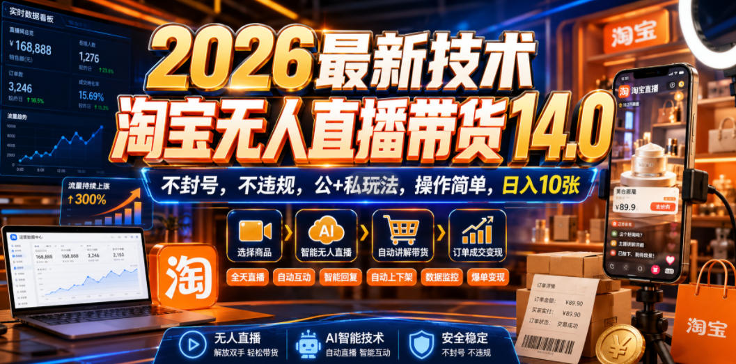 2026最新技术，淘宝无人直播带货14.0，不封号，不违规，公+私玩法，操作简单，日入10张【揭秘】-保成圈-山云人力,分享创业咨询_最新网络项目资源