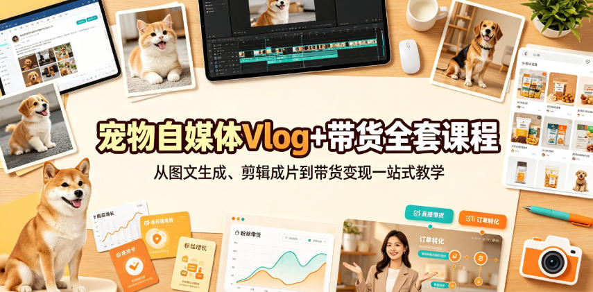 宠物自媒体Vlog+带货全套课程｜从图文生成、剪辑成片到带货变现一站式教学-保成圈-山云人力,分享创业咨询_最新网络项目资源