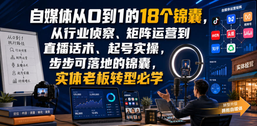 自媒体从0到1的18个锦囊，从行业侦察、矩阵运营到直播话术、起号实操，步步可落地的锦囊，实体老板转型必学-保成圈-山云人力,分享创业咨询_最新网络项目资源