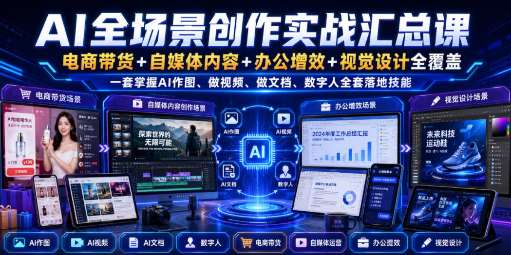 AI全场景创作实战汇总课｜电商带货+自媒体内容+办公增效+视觉设计全覆盖，一套掌握AI作图、做视频、做文档、数字人全套落地技能-保成圈-山云人力,分享创业咨询_最新网络项目资源