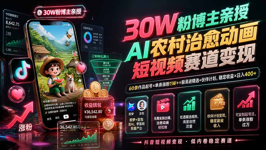 30W粉博主亲授AI农村治愈动画短视频赛道变现：60条作品起号×单条涨粉1W+×极易进精选+伙伴计划，稳定收益×日入400+-保成圈-山云人力,分享创业咨询_最新网络项目资源