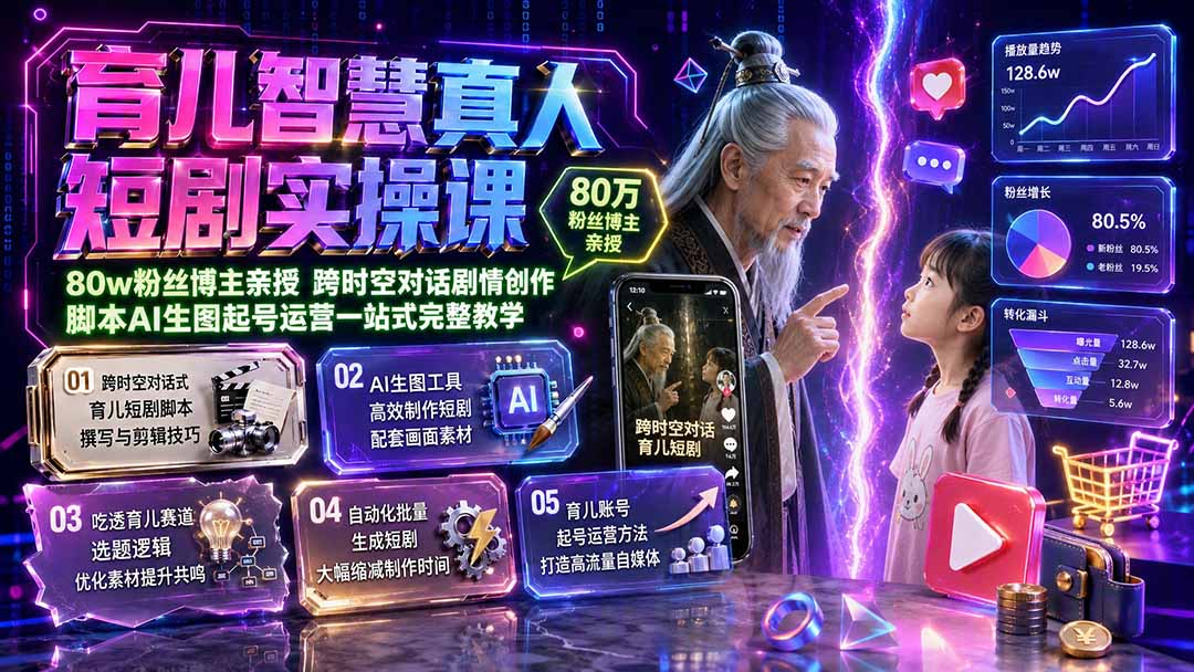 育儿智慧真人短剧实操课｜80w粉丝博主亲授，跨时空对话剧情创作，脚本AI生图起号运营一站式完整教学-保成圈-山云人力,分享创业咨询_最新网络项目资源