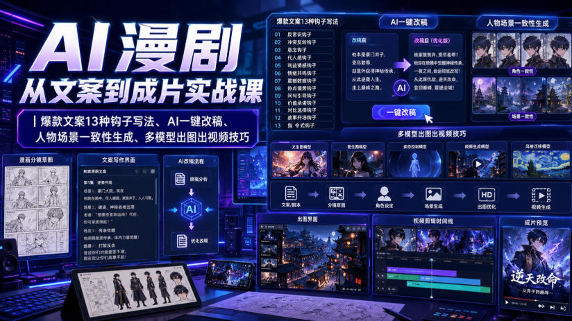 AI漫剧从文案到成片实战课｜爆款文案13种钩子写法、AI一键改稿、人物场景一致性生成、多模型出图出视频技巧-保成圈-山云人力,分享创业咨询_最新网络项目资源