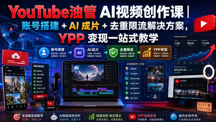 YouTube油管AI视频创作课｜账号搭建+AI成片+去重限流解决方案，YPP变现一站式教学-保成圈-山云人力,分享创业咨询_最新网络项目资源