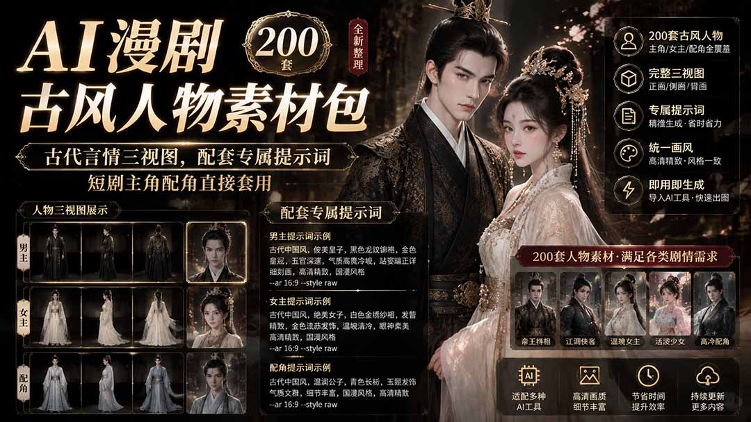 AI漫剧古风人物素材包+提示词｜200 套古代言情三视图，配套专属提示词短剧主角配角直接套用-保成圈-山云人力,分享创业咨询_最新网络项目资源