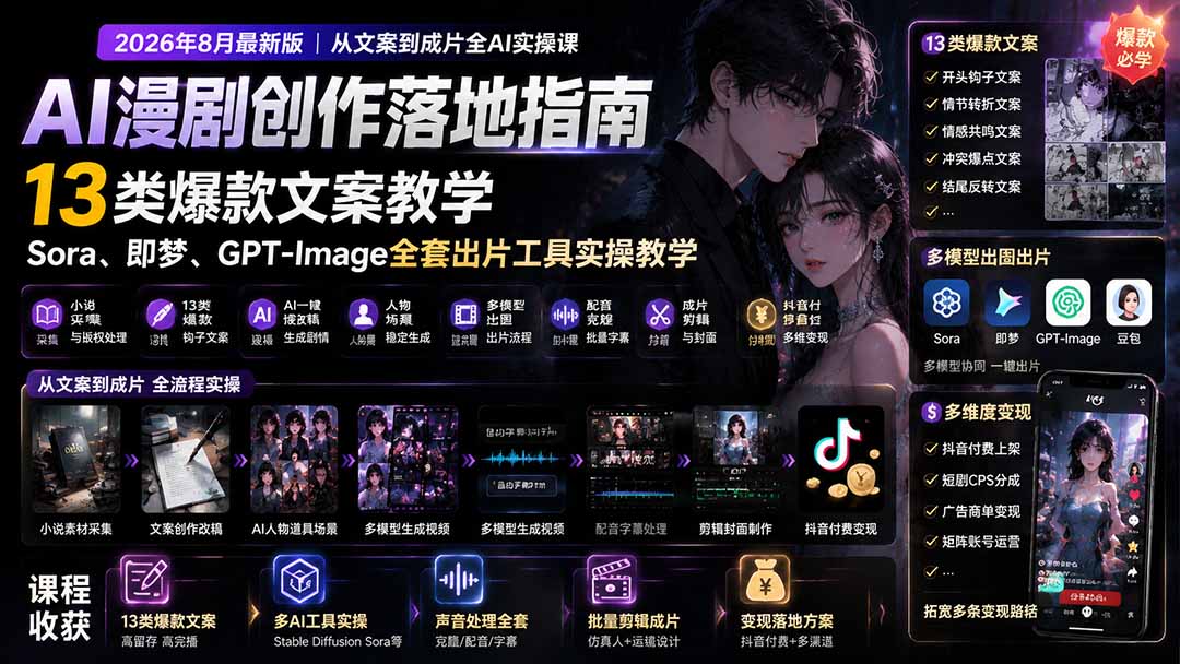 AI漫剧创作落地指南｜13类爆款文案教学，Sora、即梦、GPT-Image全套出片工具实操教学-保成圈-山云人力,分享创业咨询_最新网络项目资源