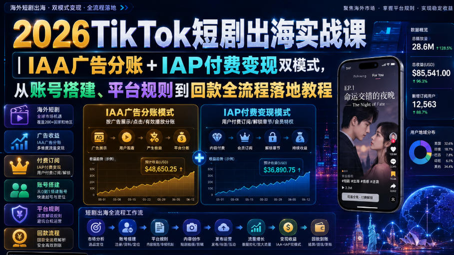 2026TikTok短剧出海实战课｜IAA广告分账+IAP付费变现双模式，从账号搭建、平台规则到回款全流程落地教程-保成圈-山云人力,分享创业咨询_最新网络项目资源