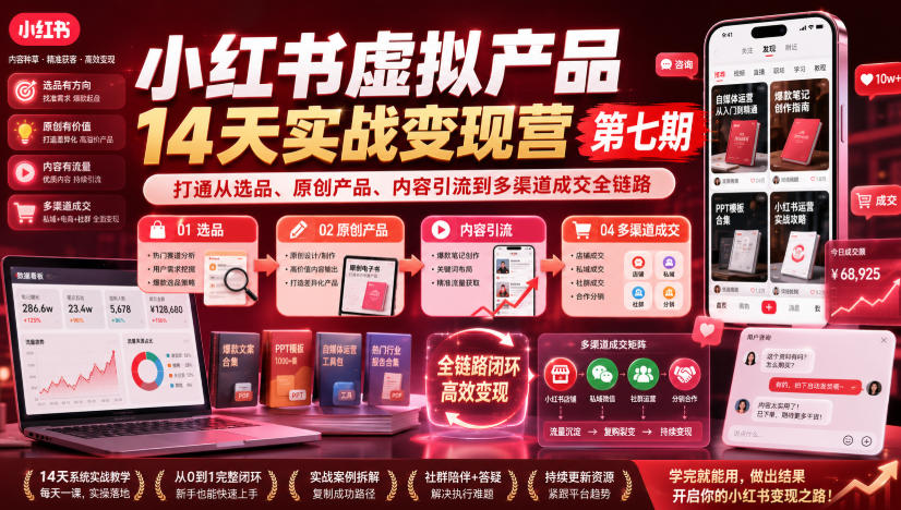 小红书虚拟产品14天实战变现营第七期，打通从选品、原创产品、内容引流到多渠道成交全链路-保成圈-山云人力,分享创业咨询_最新网络项目资源