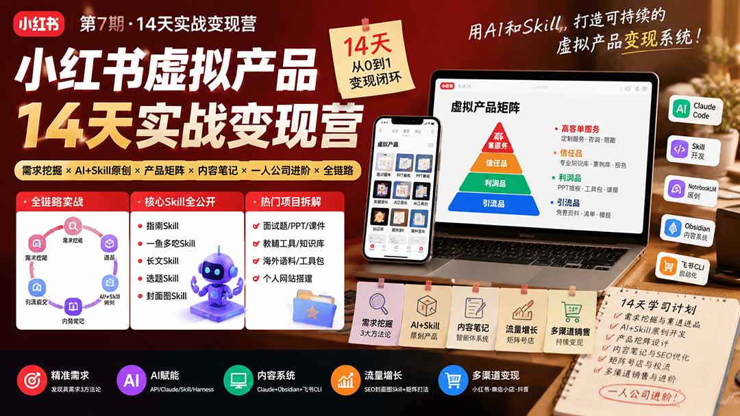 小红书虚拟产品14天实战变现营-第7期：需求挖掘×AI+Skill原创×产品矩阵×内容笔记×一人公司进阶×全链路-保成圈-山云人力,分享创业咨询_最新网络项目资源