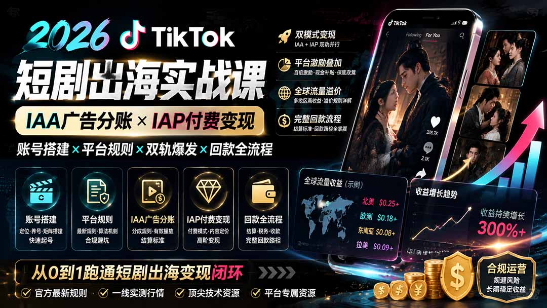 2026TikTok短剧出海实战课：IAA广告分账×IAP付费变现×账号搭建×平台规则×双轨爆发×回款全流程-保成圈-山云人力,分享创业咨询_最新网络项目资源