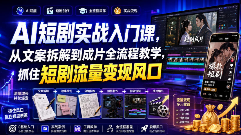 AI短剧实战入门课，从文案拆解到成片全流程教学，抓住短剧流量变现风口-保成圈-山云人力,分享创业咨询_最新网络项目资源
