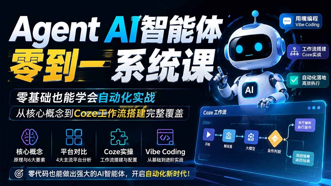 Agent AI智能体零到一系统课；零基础也能学会自动化实战，从核心概念到Coze工作流搭建完整覆盖-保成圈-山云人力,分享创业咨询_最新网络项目资源