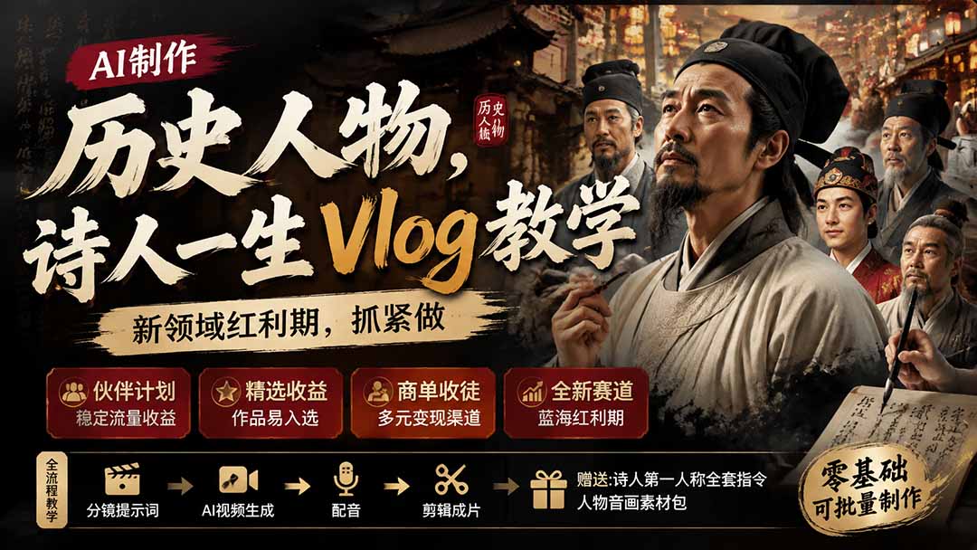 历史人物，诗人一生Vlog教学， AI制作丨伙伴计划丨精选收益丨商单收徒 ，新领域红利期，抓紧做-保成圈-山云人力,分享创业咨询_最新网络项目资源