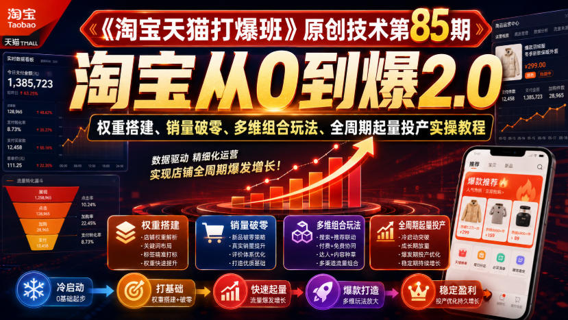 《淘宝天猫打爆班》原创技术第85期，淘宝从0到爆2.0，权重搭建、销量破零、多维组合玩法、全周期起量投产实操教程-保成圈-山云人力,分享创业咨询_最新网络项目资源