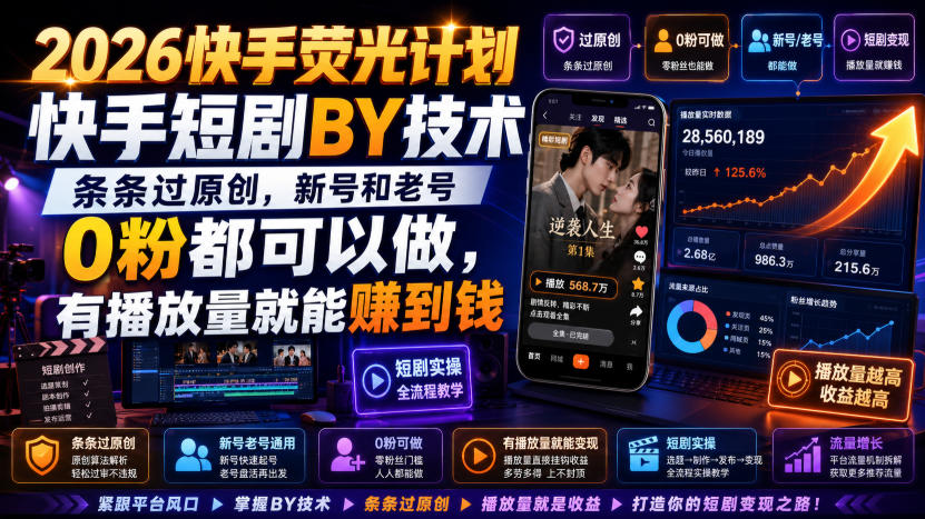 2026快手荧光计划，快手短剧搬运技术，条条过原创，新号和老号0粉都可以做，有播放量就能賺到钱-保成圈-山云人力,分享创业咨询_最新网络项目资源