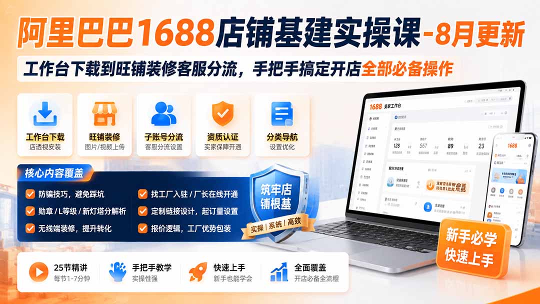 阿里巴巴1688店铺基建实操课-8月更新；工作台下载到旺铺装修客服分流，手把手搞定开店全部必备操作-保成圈-山云人力,分享创业咨询_最新网络项目资源