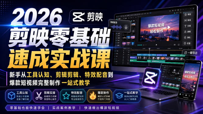 2026剪映零基础速成实战课｜新手从工具认知、剪辑剪辑、特效配音到爆款短视频完整制作一站式教学-保成圈-山云人力,分享创业咨询_最新网络项目资源