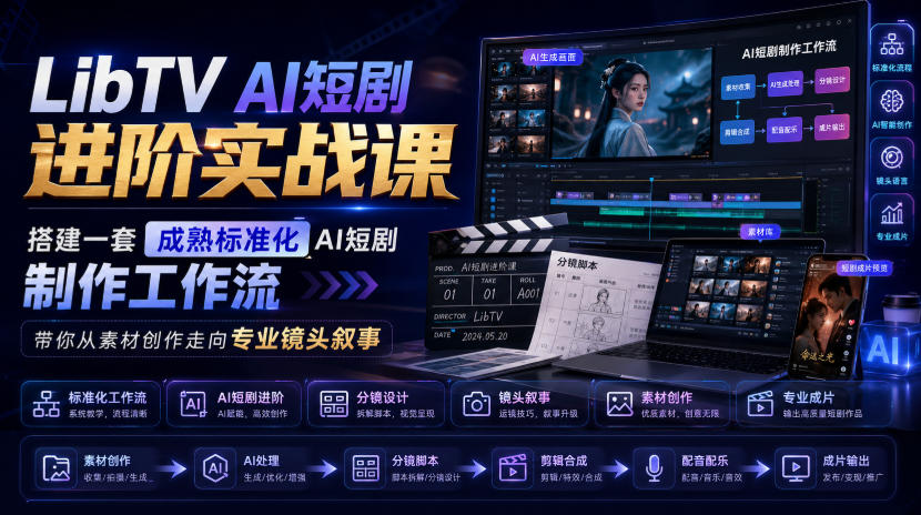 LibTV AI短剧进阶实战课，搭建一套成熟标准化AI短剧制作工作流，带你从素材创作走向专业镜头叙事-保成圈-山云人力,分享创业咨询_最新网络项目资源