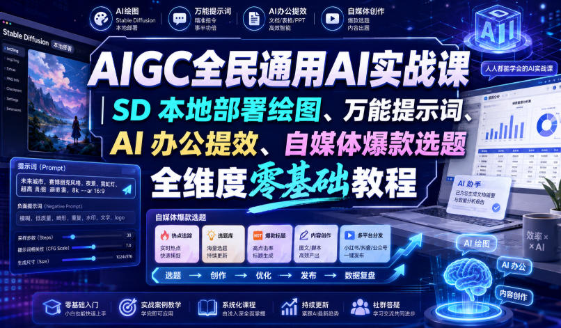 AIGC全民通用AI实战课｜SD本地部署绘图、万能提示词、AI办公提效、自媒体爆款选题全维度零基础教程-保成圈-山云人力,分享创业咨询_最新网络项目资源