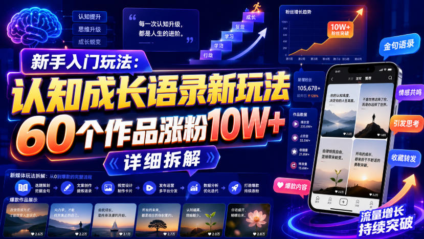 新手入门玩法：认知成长语录新玩法，60个作品涨粉10W+，详细拆解-保成圈-山云人力,分享创业咨询_最新网络项目资源
