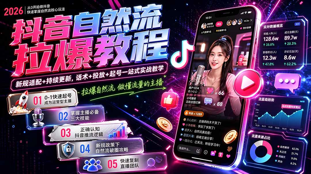 抖音自然流拉爆教程-更新8月：做懂流量的主播，新规适配+持续更新，话术+投放+起号一站式实战教学-保成圈-山云人力,分享创业咨询_最新网络项目资源