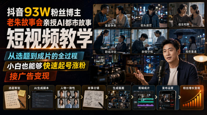 抖音93W粉丝博主老朱故事会亲授AI都市故事短视频教学，从选题到成片的全过程，小白也能够快速起号涨粉接广告变现-保成圈-山云人力,分享创业咨询_最新网络项目资源