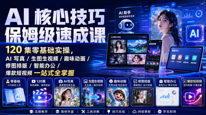 AI核心技巧保姆级速成课｜120集零基础实操，AI写真/生图生视频/趣味动画/修图排版/智能办公/爆款短视频一站式全掌握-保成圈-山云人力,分享创业咨询_最新网络项目资源