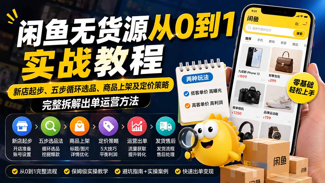 闲鱼无货源从0到1实战教程——新店起步、五步循环选品、商品上架及定价策略，完整拆解出单运营方法-保成圈-山云人力,分享创业咨询_最新网络项目资源