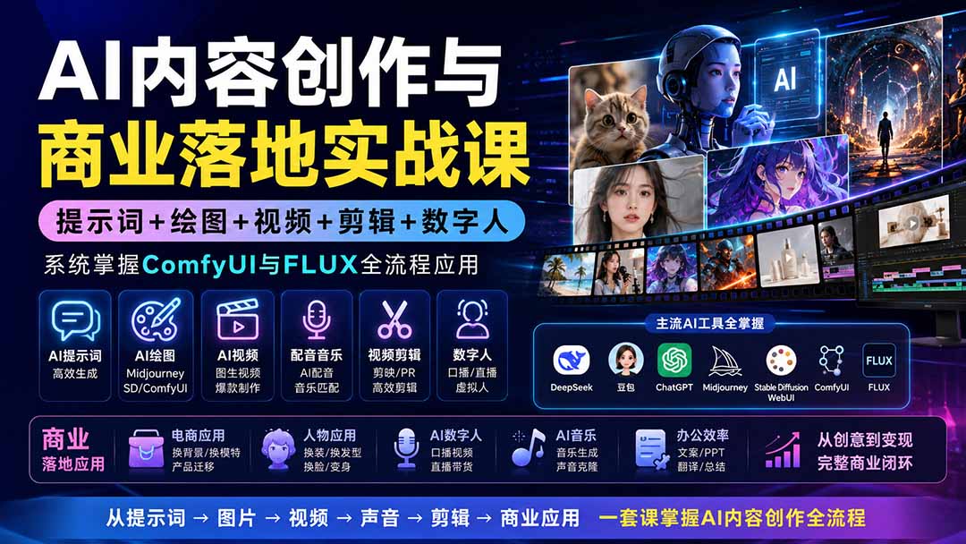 AI内容创作与商业落地实战课：提示词+绘图+视频+剪辑+数字人，系统掌握ComfyUI与FLUX全流程应用-保成圈-山云人力,分享创业咨询_最新网络项目资源