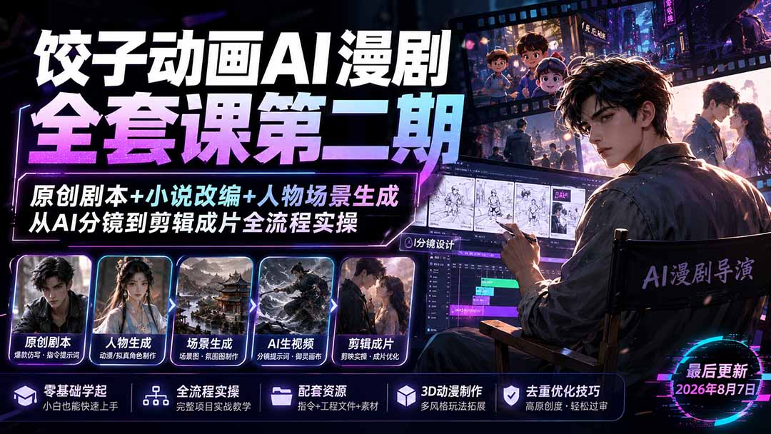 饺子动画AI漫剧全套课第二期：原创剧本+小说改编+人物场景生成，从AI分镜到剪辑成片全流程实操-保成圈-山云人力,分享创业咨询_最新网络项目资源