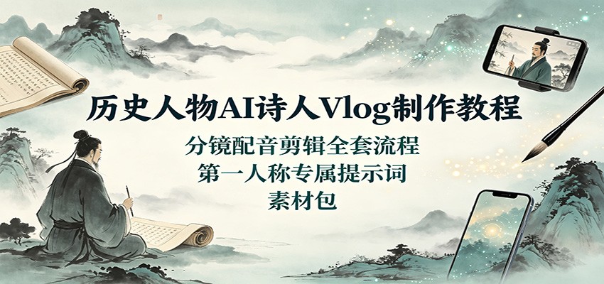 历史人物AI诗人Vlog制作教程：分镜配音剪辑全套流程，第一人称专属提示词素材包-保成圈-山云人力,分享创业咨询_最新网络项目资源