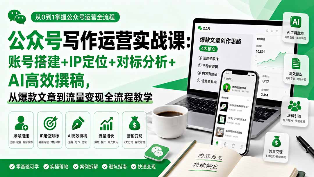 公众号写作运营实战课：账号搭建+IP定位+对标分析+AI高效撰稿，从爆款文章到流量变现全流程教学-保成圈-山云人力,分享创业咨询_最新网络项目资源