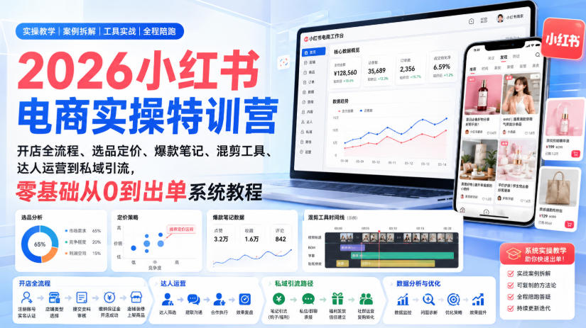2026小红书电商实操特训营｜开店全流程、选品定价、爆款笔记、混剪工具、达人运营到私域引流，零基础从0到出单系统教程-保成圈-山云人力,分享创业咨询_最新网络项目资源